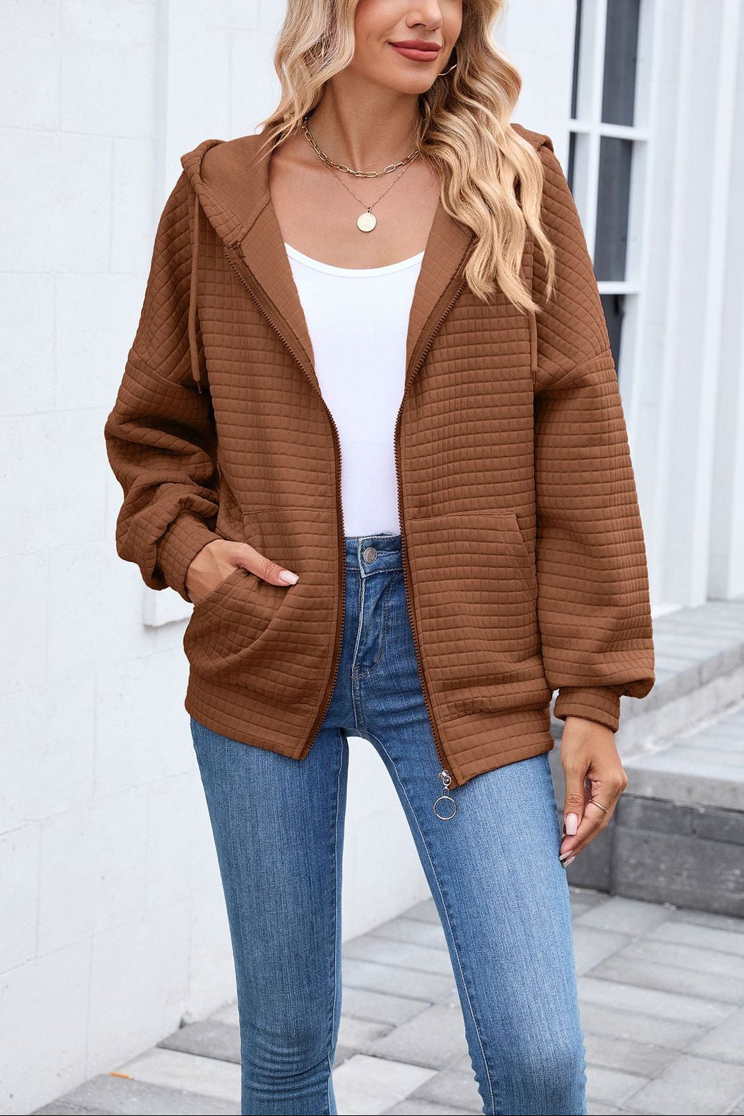 Quilted Zip Up Hooded Jacket Hoodie with Pockets