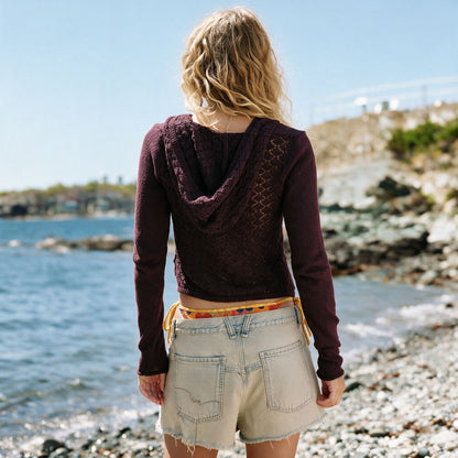 Women's Solid V-Neck Crochet Knit Pullover Sweater