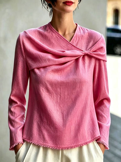 Women's Cotton Linen Cowl Neck Long Sleeve Blouse