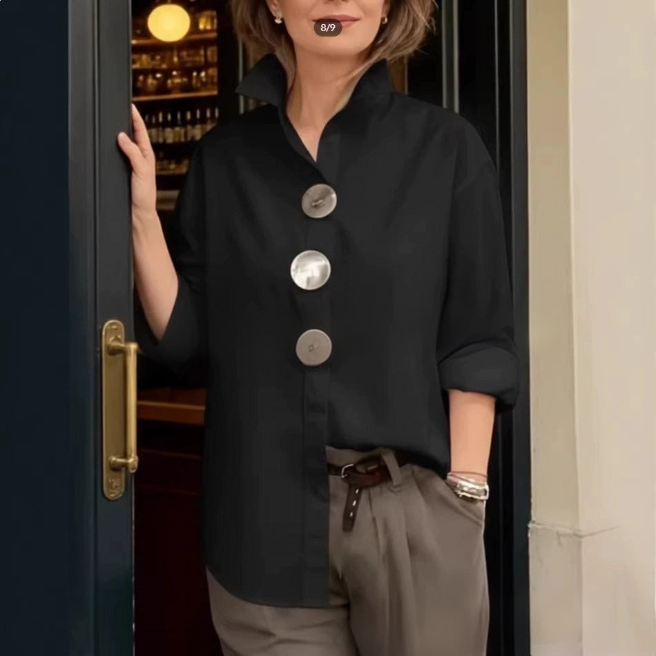 Women's Stand Collar Metal Button Long Sleeve Shirt