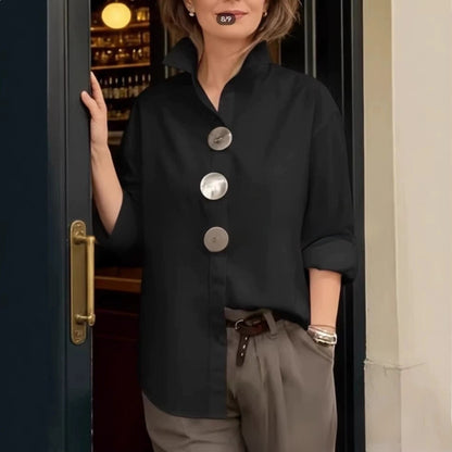 Women's Stand Collar Metal Button Long Sleeve Shirt