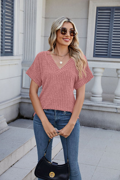 Solid Ribbed Knit Top V Neck Short Sleeve Casual Tee