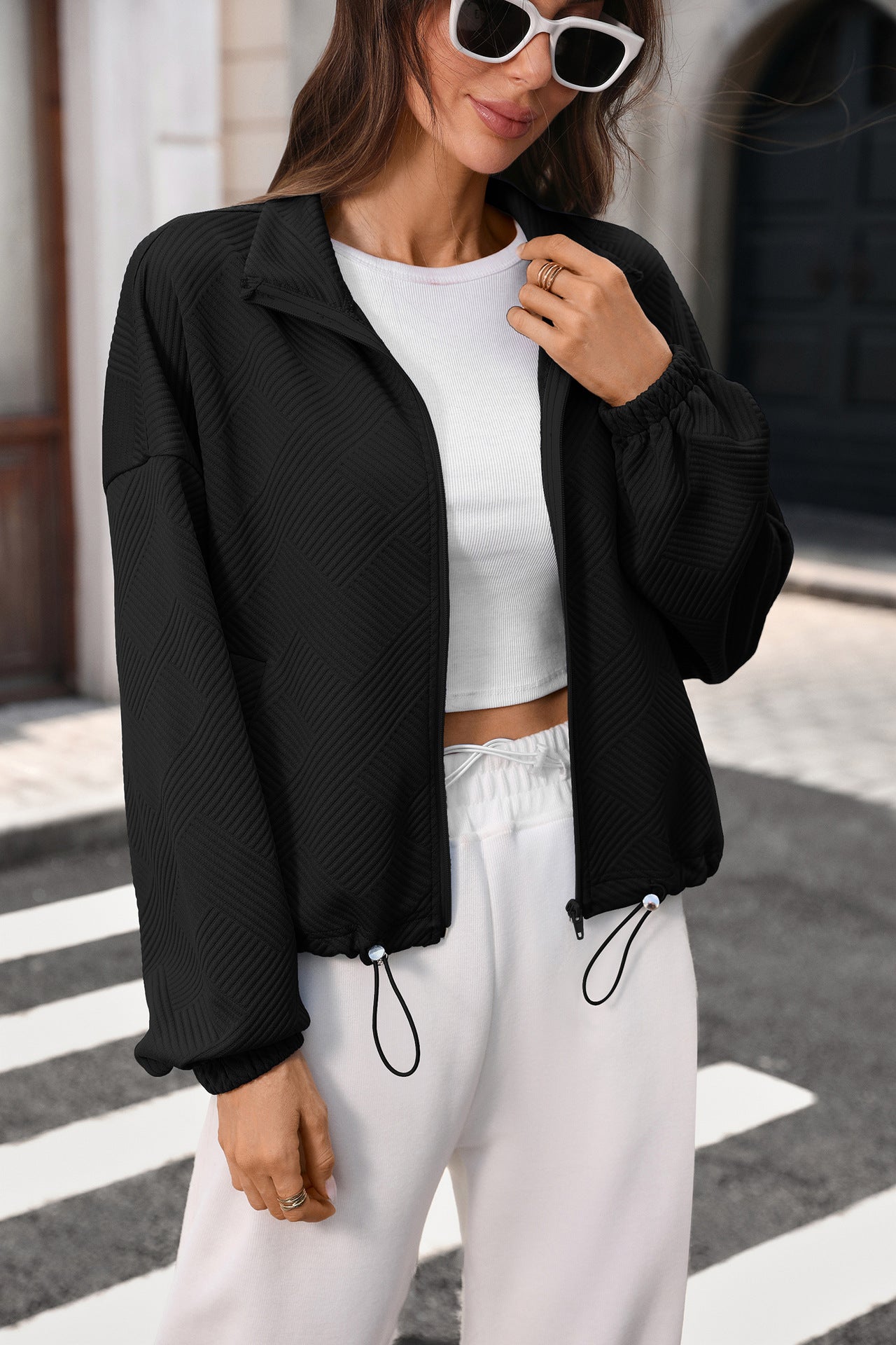 Quilted Zip Sweatshirt Drawstring Cropped Jacket