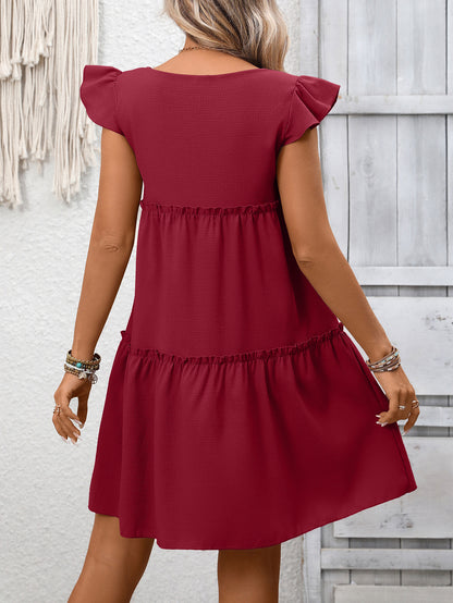 Solid Chiffon Mini Dress Boho Tiered Ruffle Flutter Sleeve