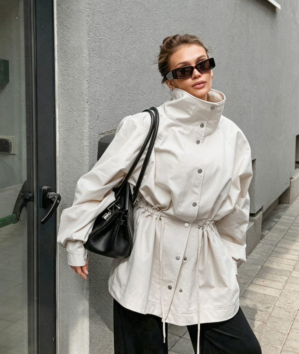 Womens Minimalist Stand Collar Drawstring Waist Jacket