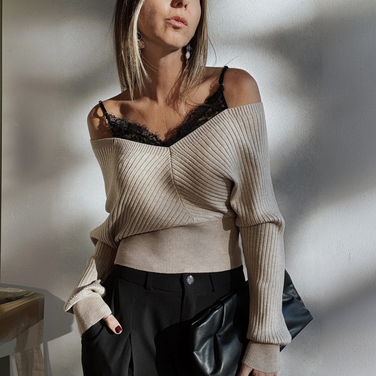 Women's Ribbed Bardot Crop Top Long Sleeve Fitted