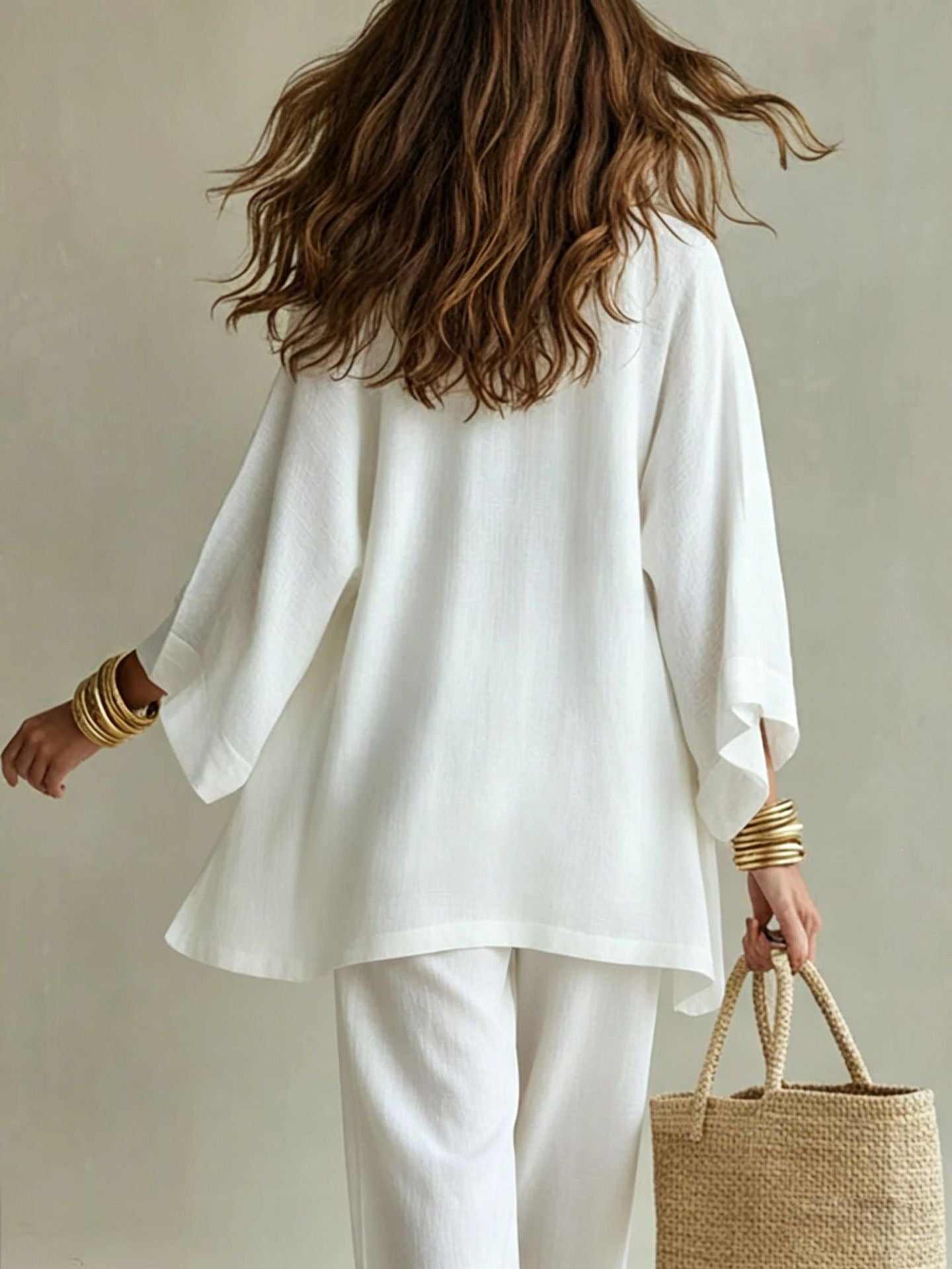 Women's Linen 3 Piece Set Kimono Cardigan Wide Leg Pants
