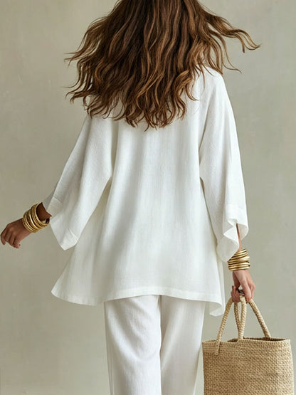 Women's Linen 3 Piece Set Kimono Cardigan Wide Leg Pants