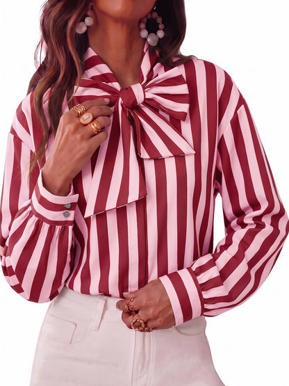 Women's Striped Tie Neck Long Sleeve Blouse Casual