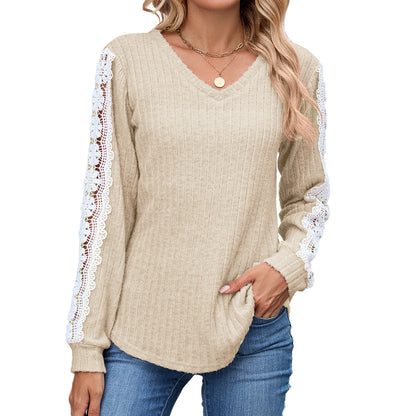 Women's V Neck Lace Long Sleeve Tunic Top