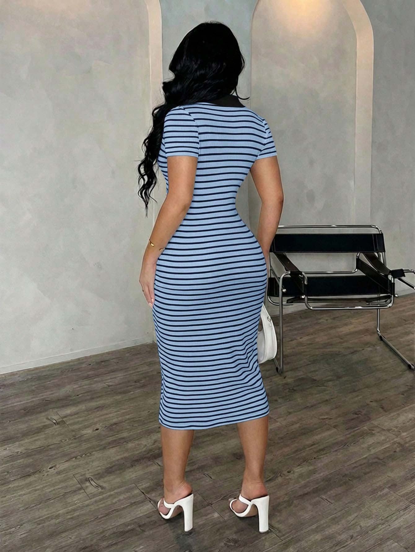 Polo Collar Stripe Bodycon Midi Dress Short Sleeve Casual