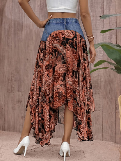 Women's Denim Patchwork Printed Boho Maxi A-Line Skirt