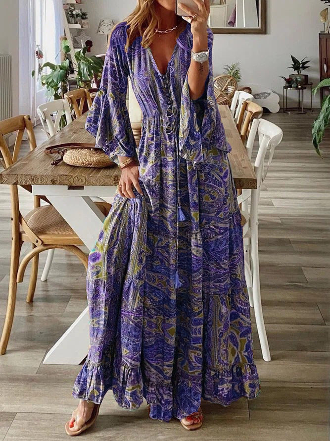 Women's Boho Floral V-Neck Bell Sleeve Maxi Dress Flowy