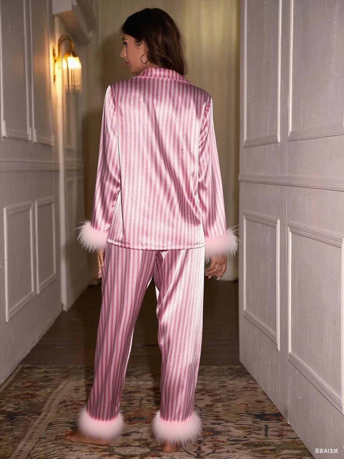 Women's Satin Striped Feather Trim Pajama Lounge Set