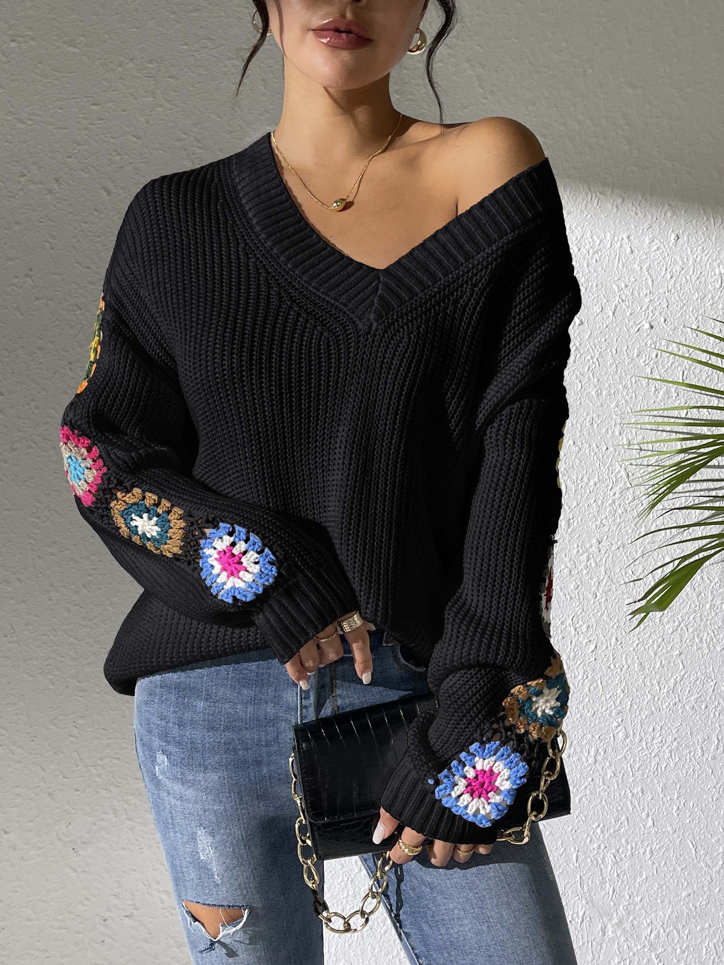 Fall/Winter Casual Loose V-Neck Crochet Floral Sweater