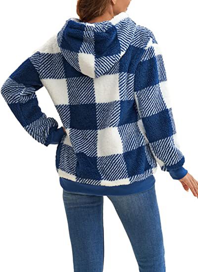 Women's Plaid Sherpa Hoodie Oversized Fleece Pullover