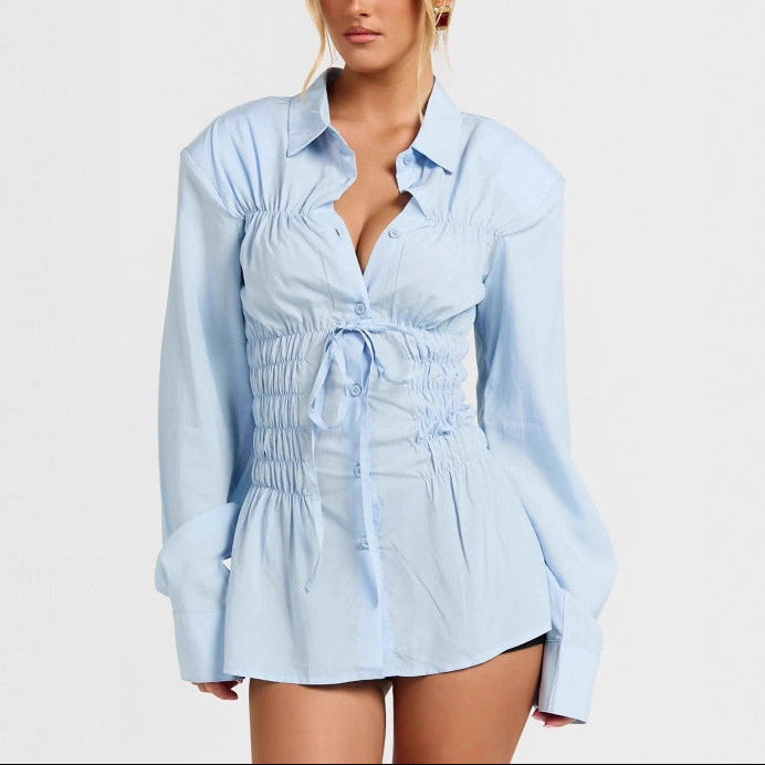 Women's Smocked Drawstring Waist Long Sleeve Blouse