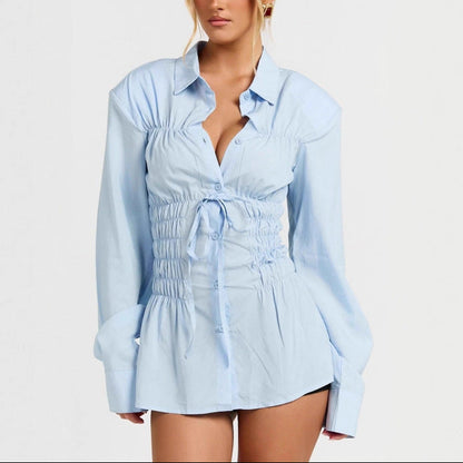 Women's Smocked Drawstring Waist Long Sleeve Blouse