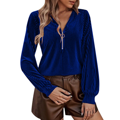 Women's Ribbed Velvet Half Zip V Neck Long Sleeve Top