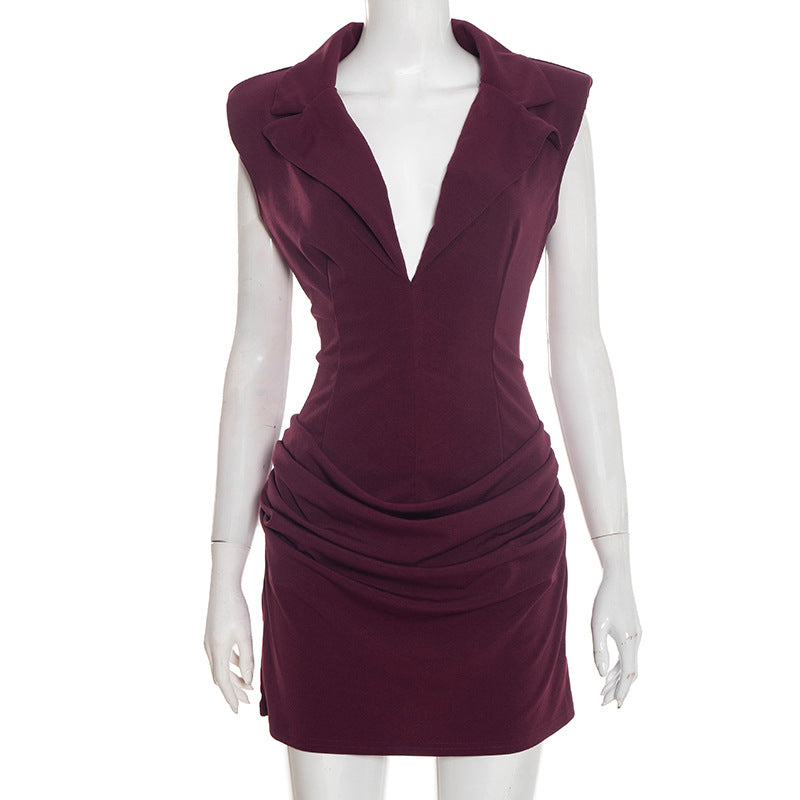 Sleeveless Deep V Blazer Ruched Bodycon Mini Dress