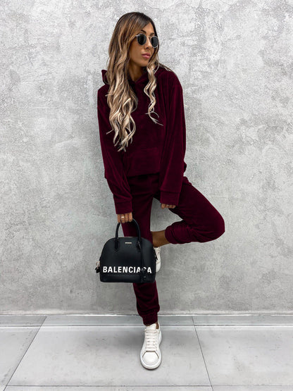 Women's Velvet Hoodie Jogger Pants Two Piece Set