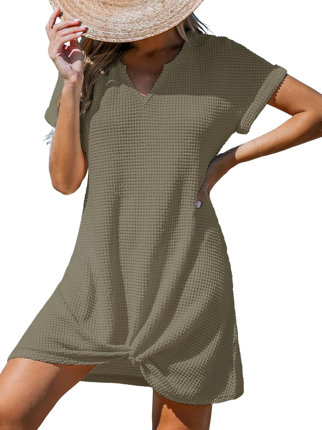 Waffle Knit V-Neck Short Sleeve Beach Cover Up Dress