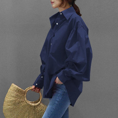 Women's Oversized Balloon Sleeve Collared Button-Up Blouse