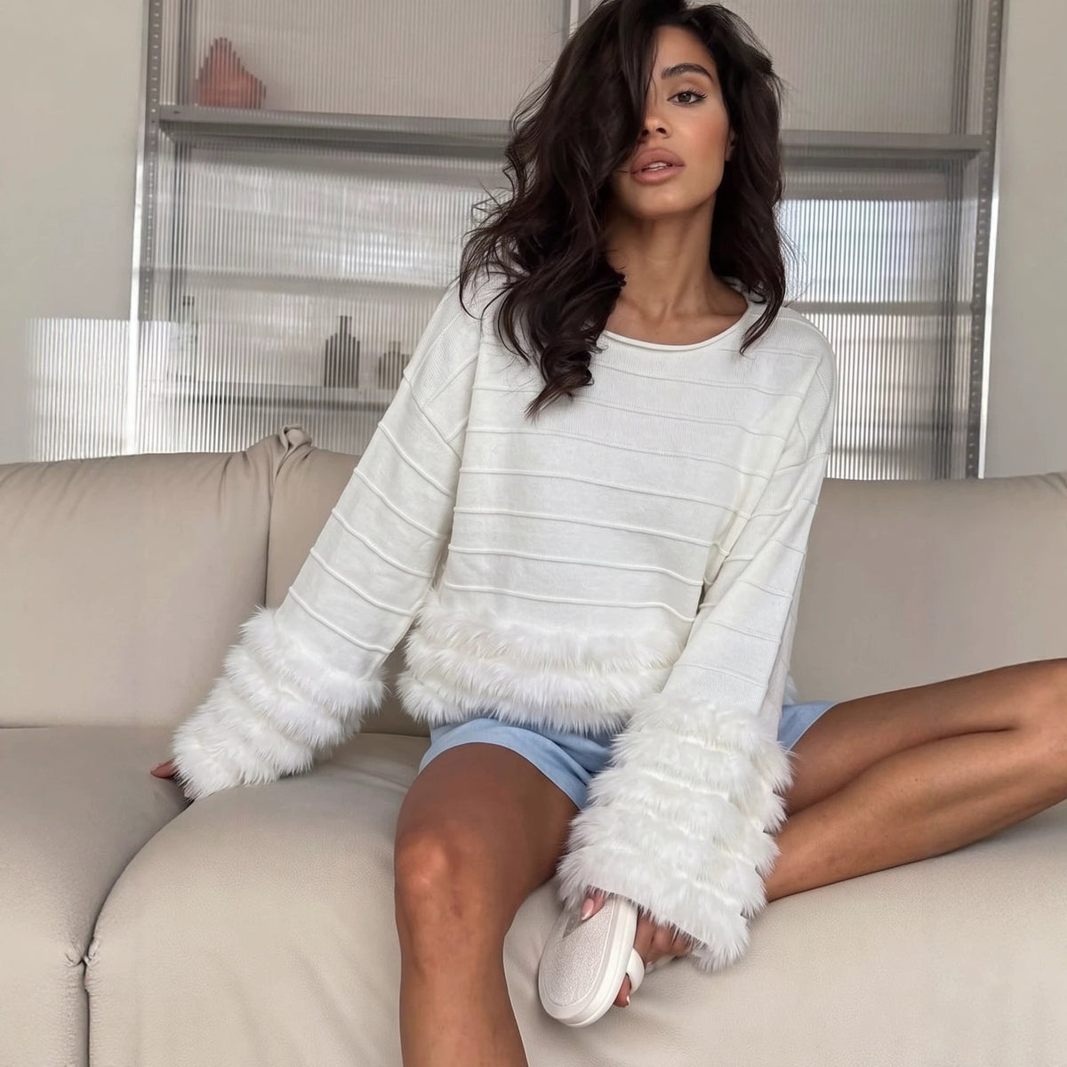 Women's Ribbed Faux Fur Cuff Oversized Sweater