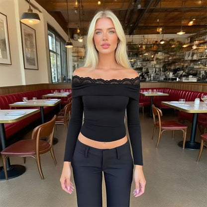Off Shoulder Lace Trim Long Sleeve Fitted Crop Top