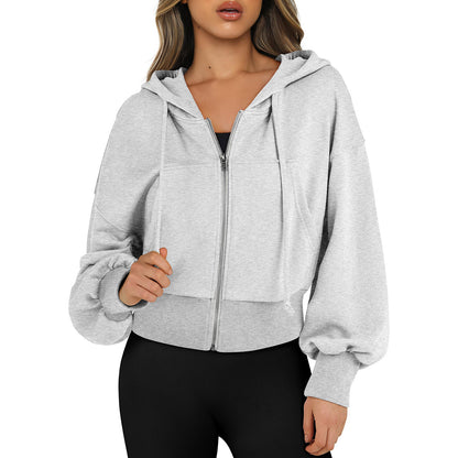 Women's Oversized Cropped Zip Up Hoodie Fleece Jacket