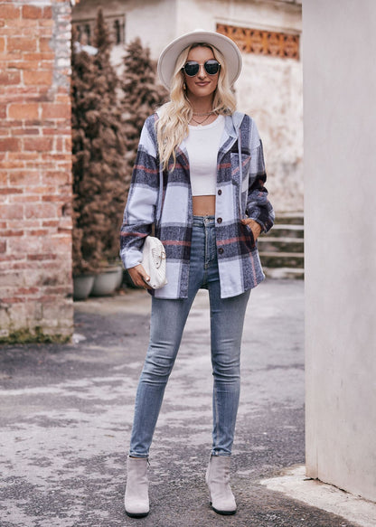 Plaid Hooded Shacket Jacket Oversized Fall Layering Coat