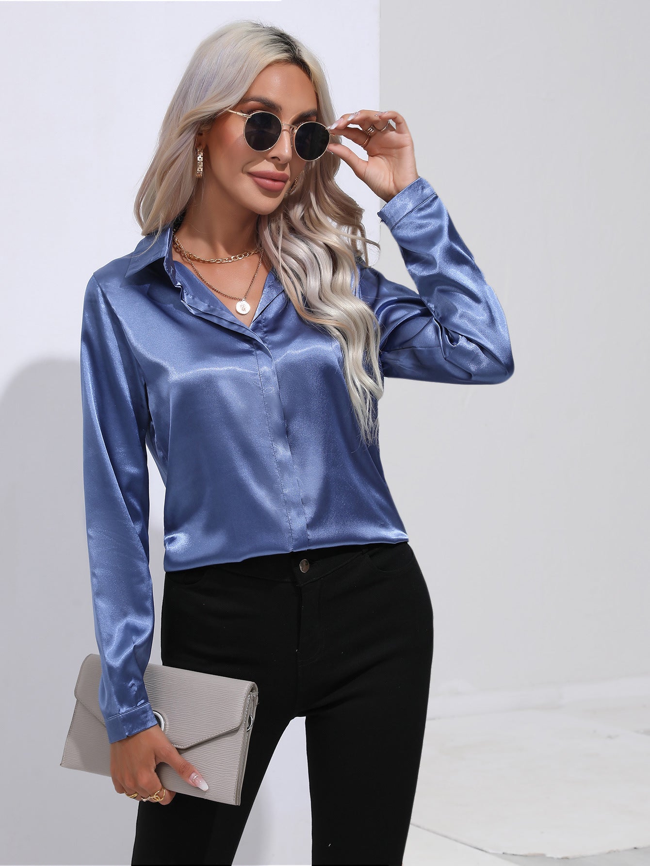 Women's Satin Long Sleeve Collared Blouse