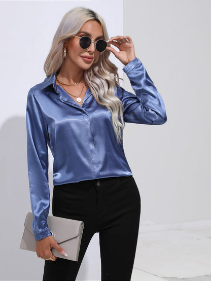Women's Satin Long Sleeve Collared Blouse