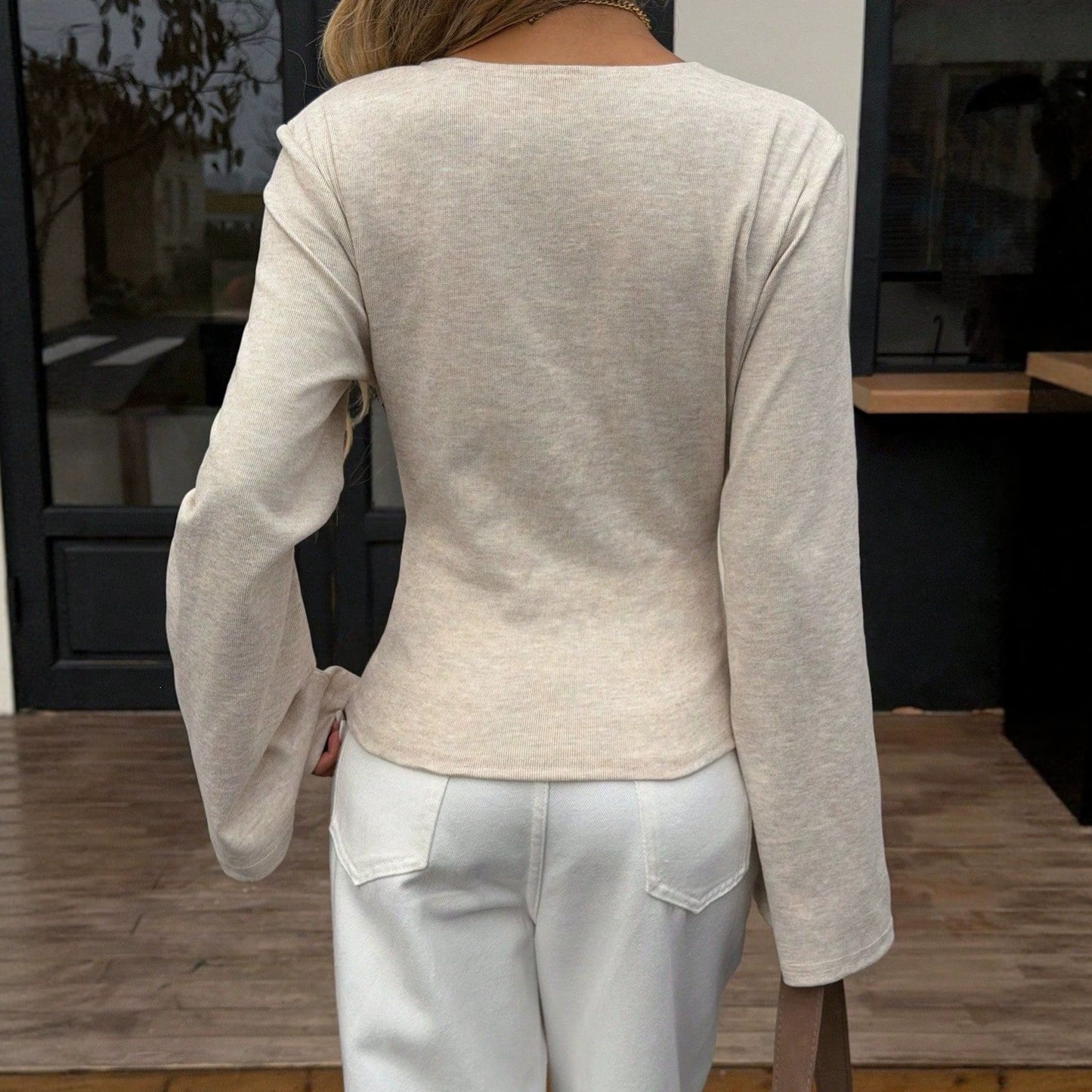 V Neck Flare Sleeve Slim Fit Y2K Long Sleeve Top