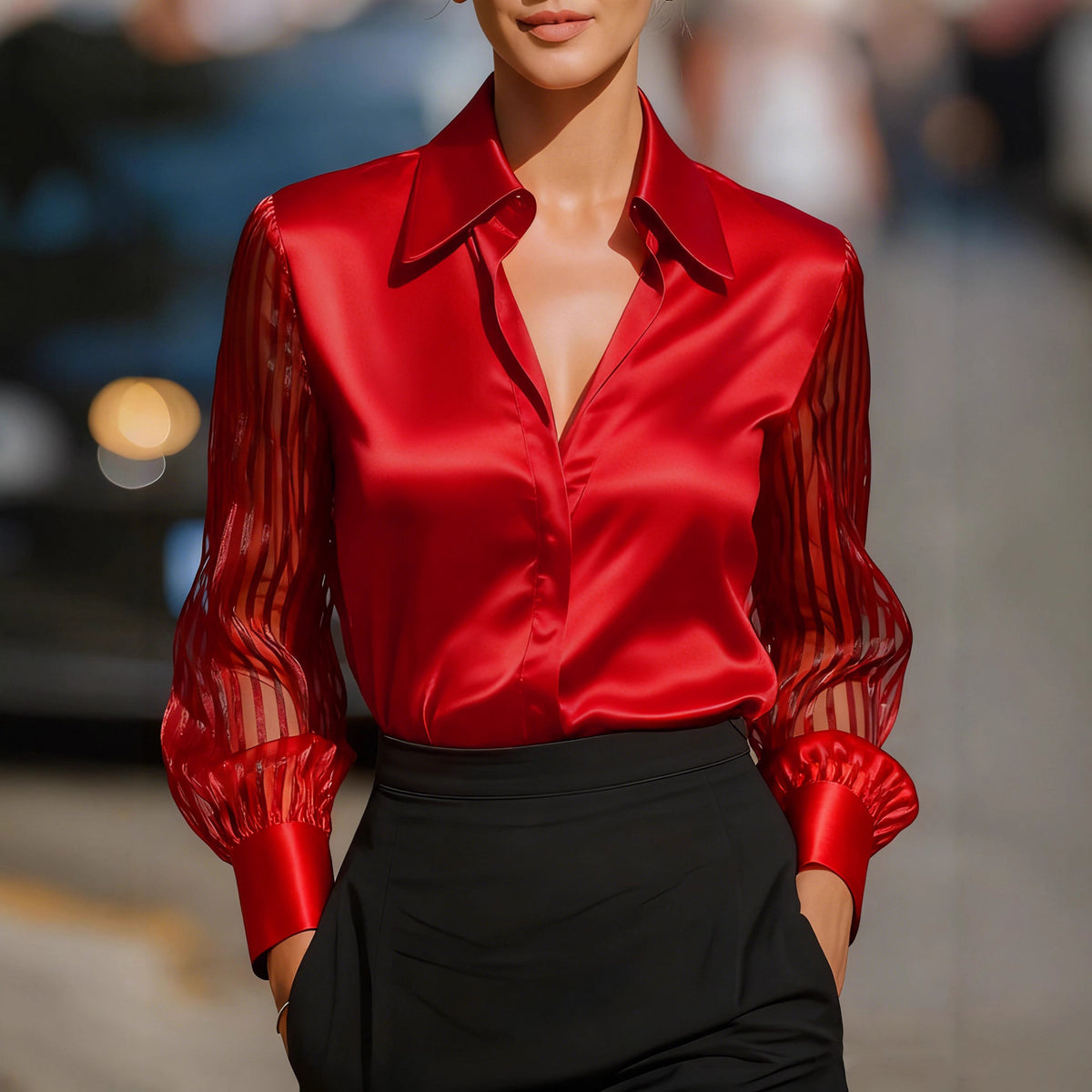 Women's Satin Blouse Sheer Bishop Sleeve Button Up Top