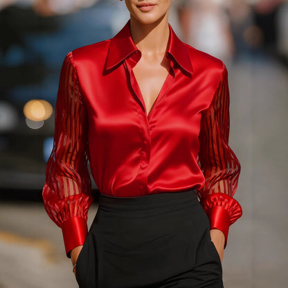 Women's Satin Blouse Sheer Bishop Sleeve Button Up Top