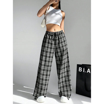 Plaid Wide Leg Pants Drawstring Casual Lounge Pants