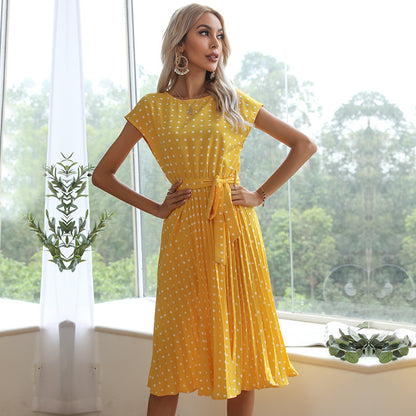 Polka Dot Midi Dress Pleated Tie Waist Short Sleeve