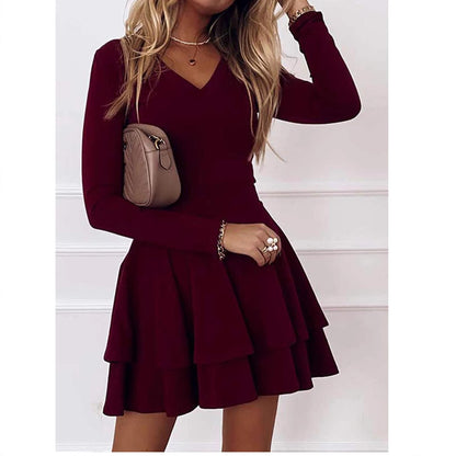 Women's V Neck Long Sleeve Knit Tiered Mini Dress