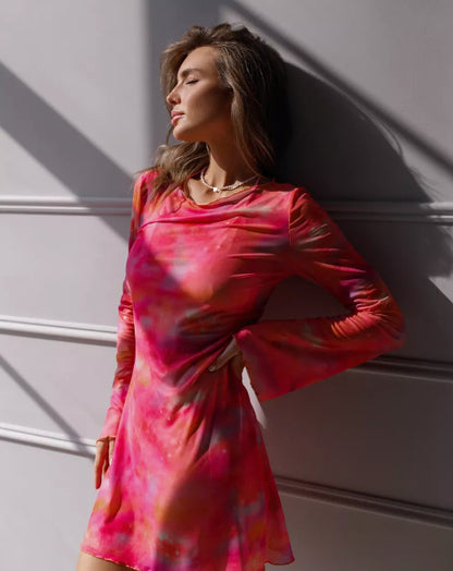 Women's Sheer Mesh Beach Cover Up Long Sleeve Dress
