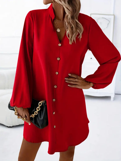 Women's V-Neck Balloon Sleeve Button Down Shirt Dress