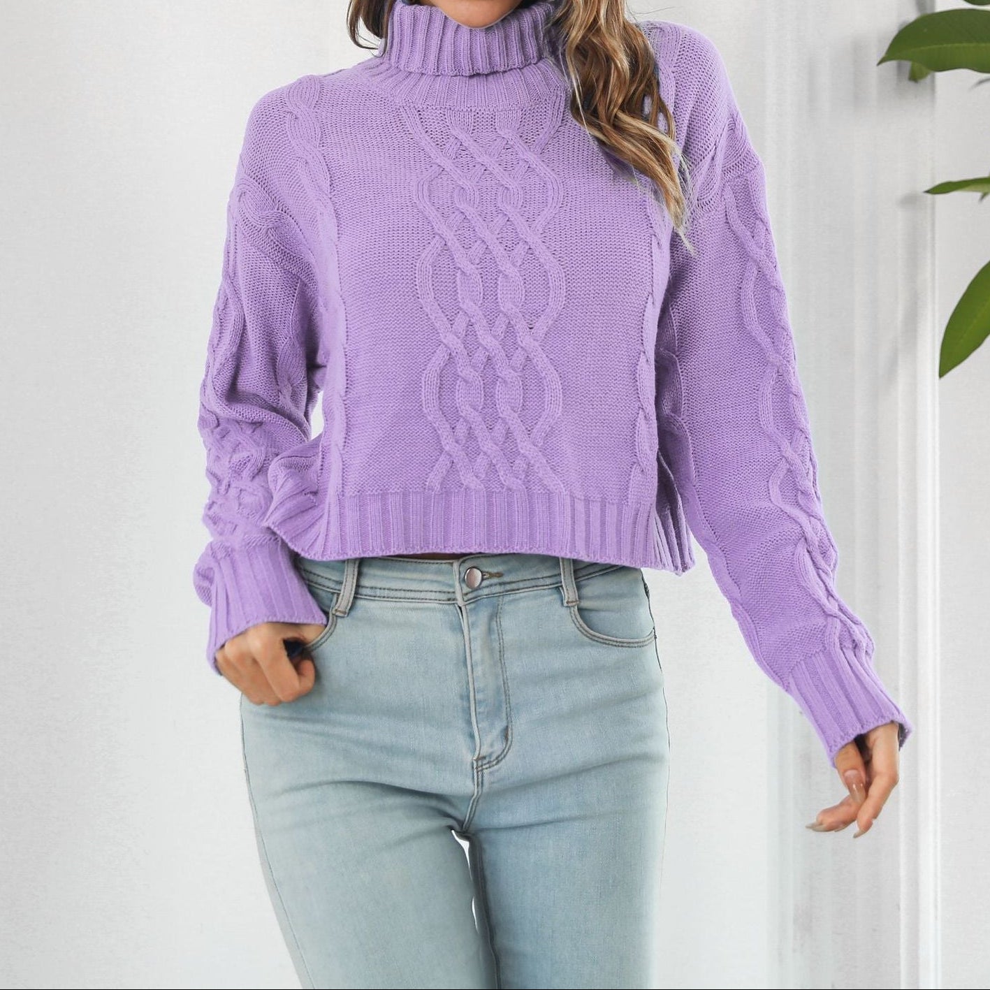 Women's Oversized Cable Knit Turtleneck Crop Sweater
