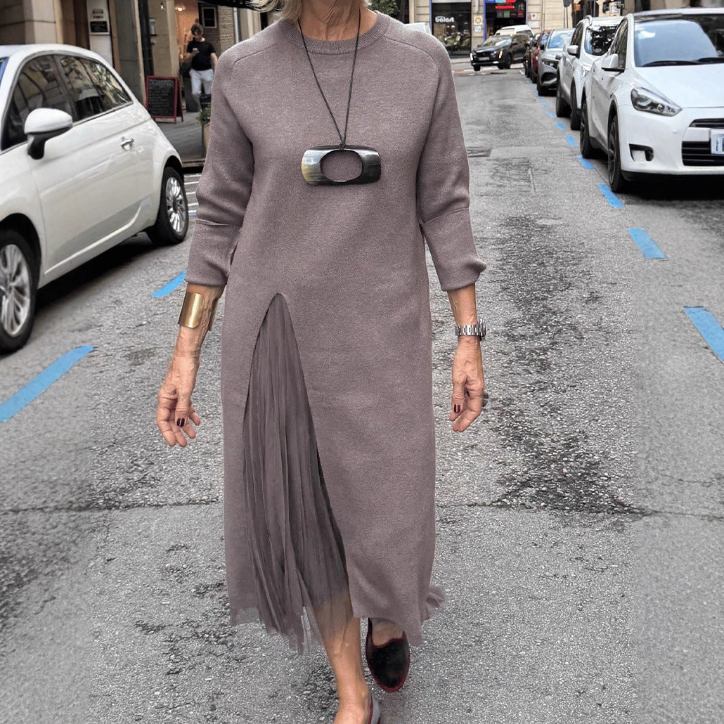 Women's Long Sleeve Sweater Dress Mesh Slit Maxi