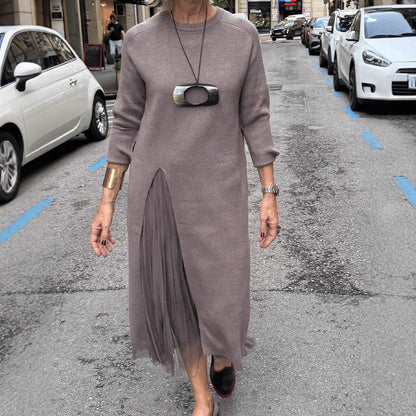 Women's Long Sleeve Sweater Dress Mesh Slit Maxi