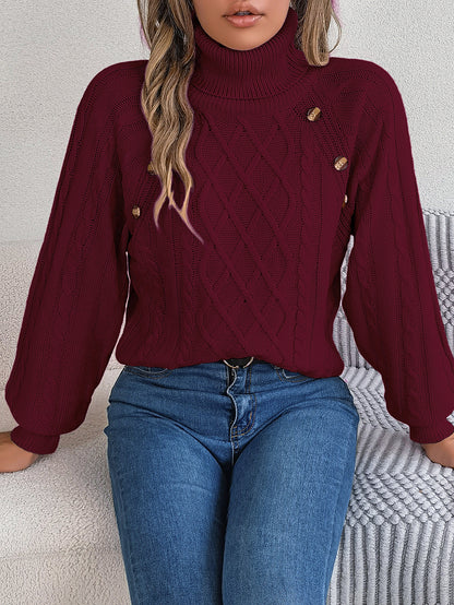 2025 Fall Winter Buttoned Cable Knit Turtleneck Sweater