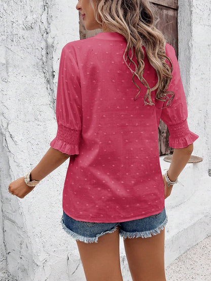 Mint Green Eyelet V Neck Boho Puff Sleeve Top