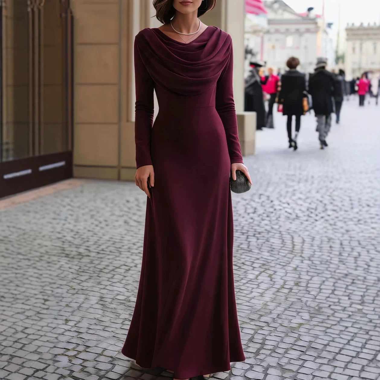 Cowl Neck Long Sleeve Formal Maxi Dress Evening Gown