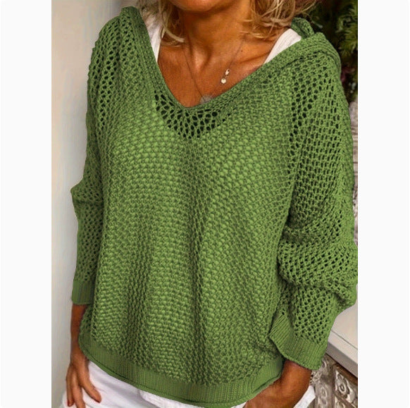 Oversized Hooded Open Knit Sweater V-Neck Pullover