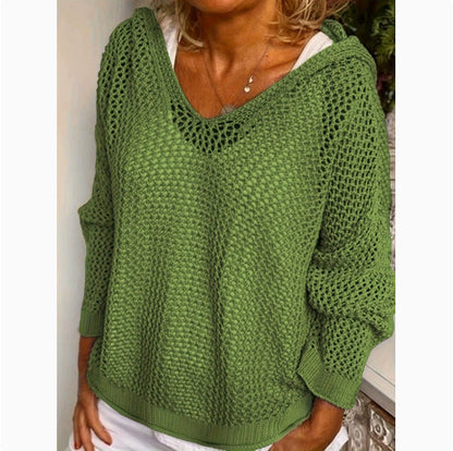 Oversized Hooded Open Knit Sweater V-Neck Pullover
