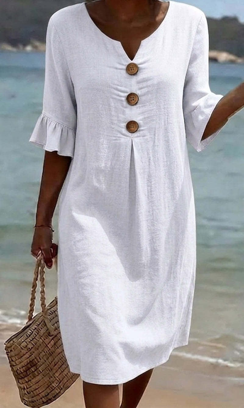 Women's Linen V-Neck Button Ruffle Sleeve Midi Dress